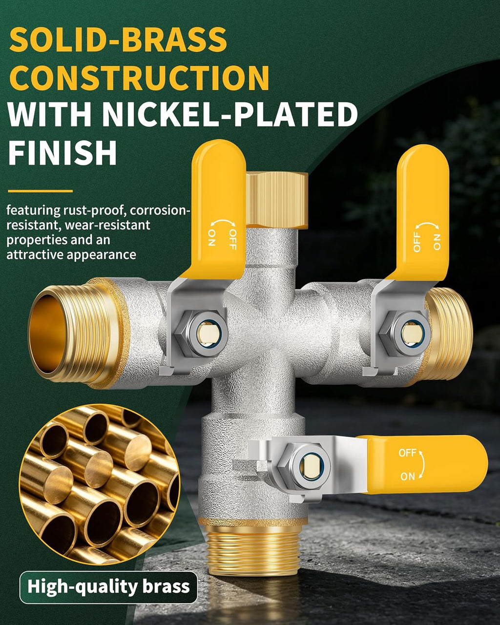 3 Way Hose Splitter, Heavy Duty Brass Garden Water Hose Splitter | Full Flow Design, Rust-Resistant Nickel-Plated