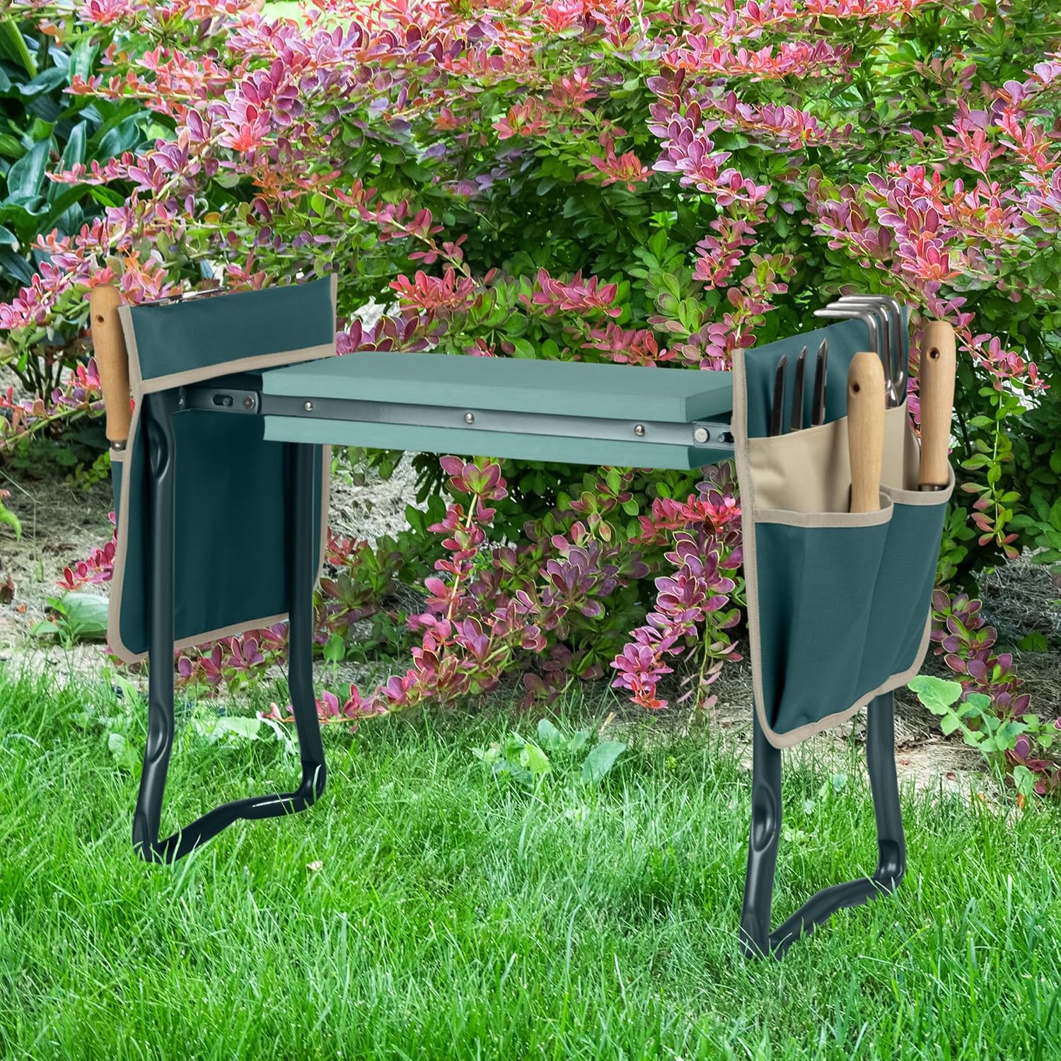 Pure Garden 2-in-1 Foldable Garden Kneeler and Seat, Green | Garden Kneeling Pad Stool - Removable Pockets for