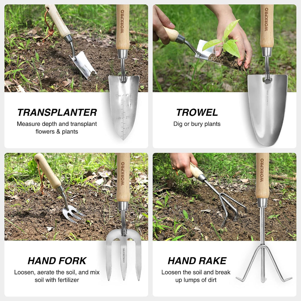 WORKPRO 8-Piece Pink Garden Tool Set - Pink | Stainless Steel, Wood Handle, Including Garden Tote, Gloves, Trowel, Hand