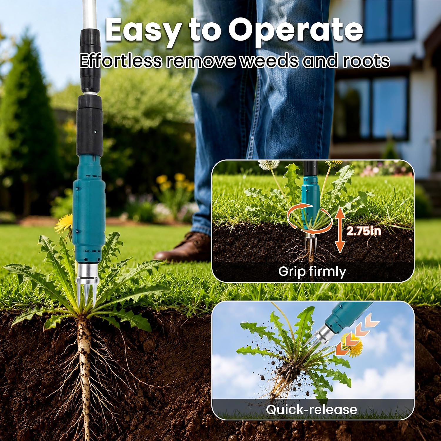 Electric Stand Up Weed Puller Tool with Long Handle, Lightweight & Portable Design, Total 4000 mAh Batteries