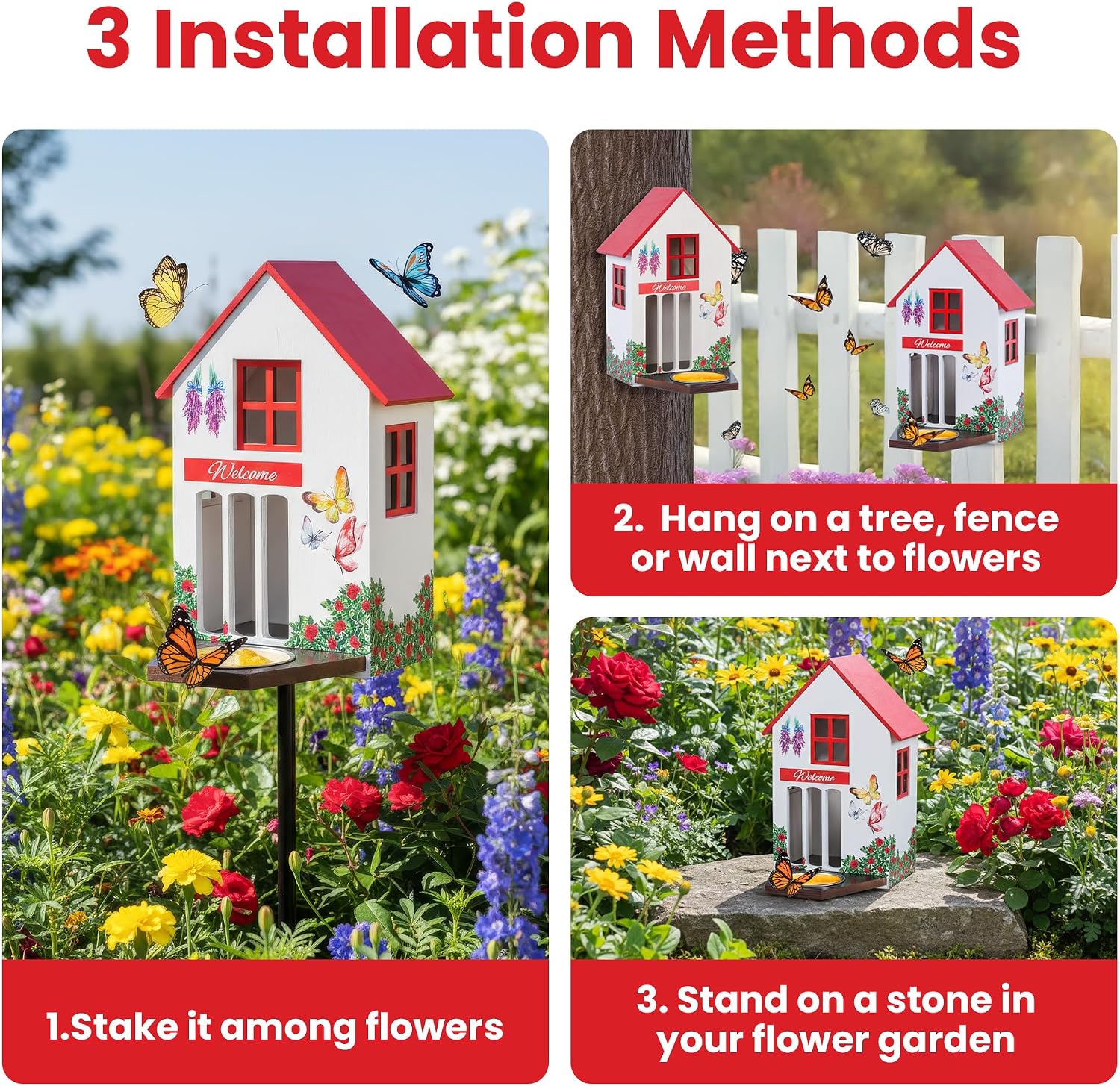 Butterfly House and Feeder for Outside - Wooden Butterfly Shelter with Metal Stake for Garden - 3 Mount Options