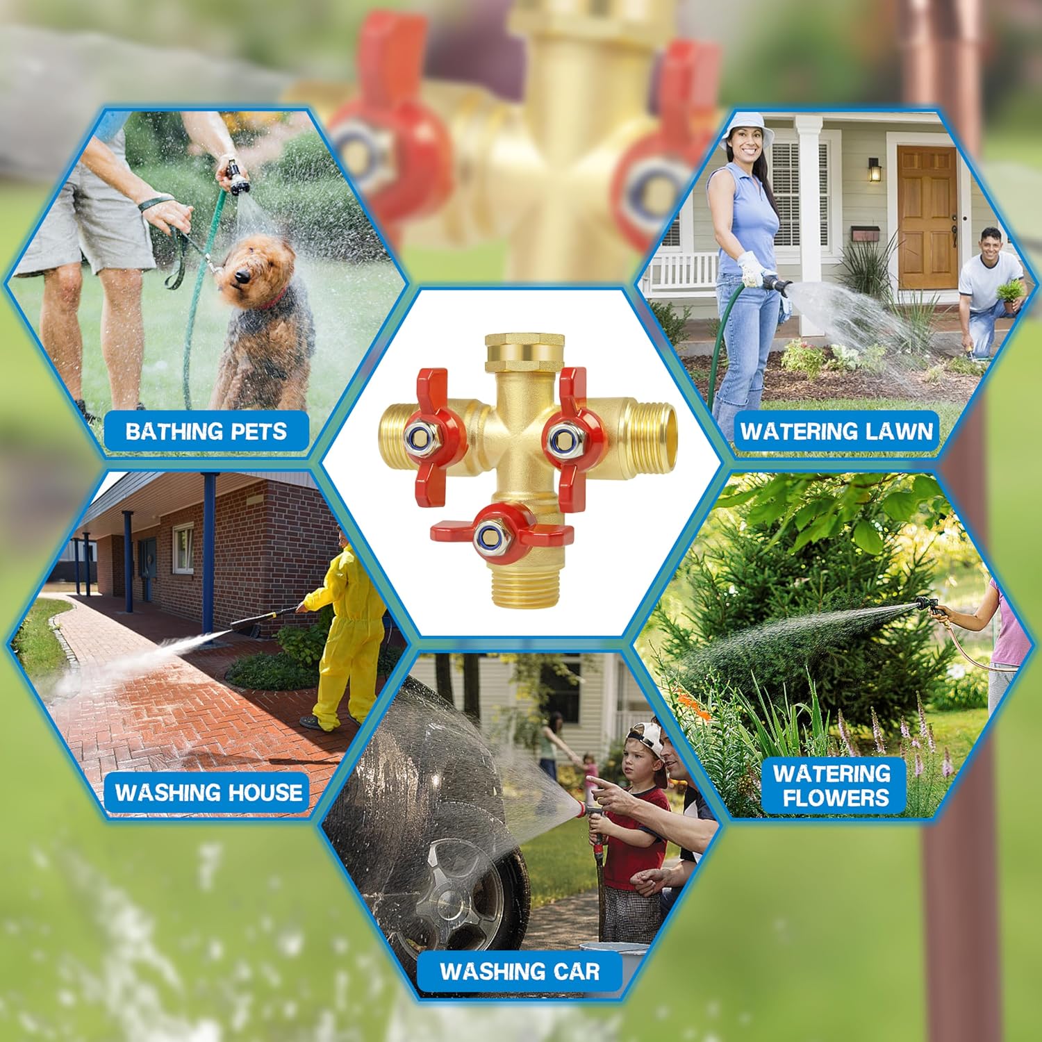 Full Flow 3 Way Hose Splitter, Solid Brass Garden Hose Splitter Valve with Metal Handle, Heavy Duty High Flow Spigot