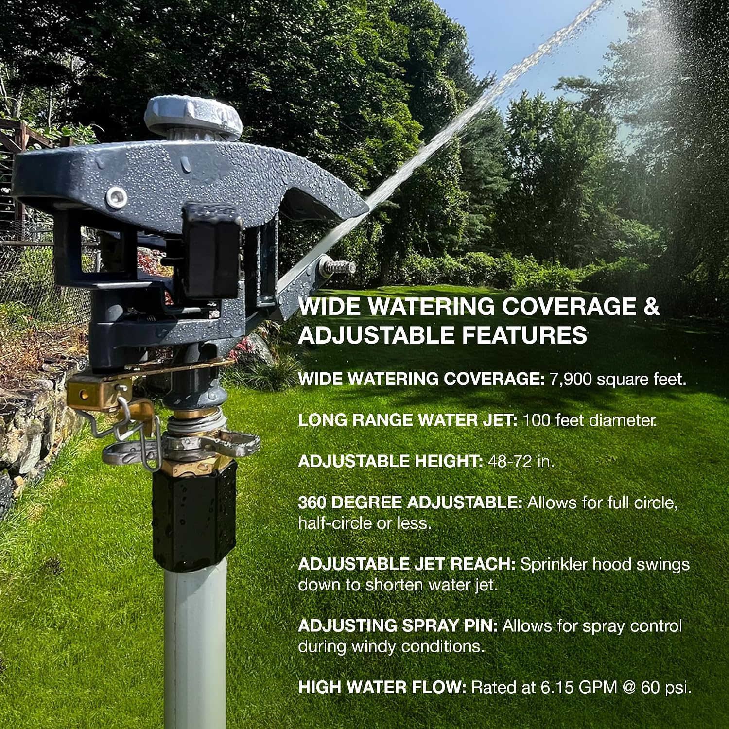 Heavy Duty Tripod Sprinkler 300003, Long Range Sprinkler with 100 FT Reach, 6 Feet Adjustable Tripod Height, 360° Range