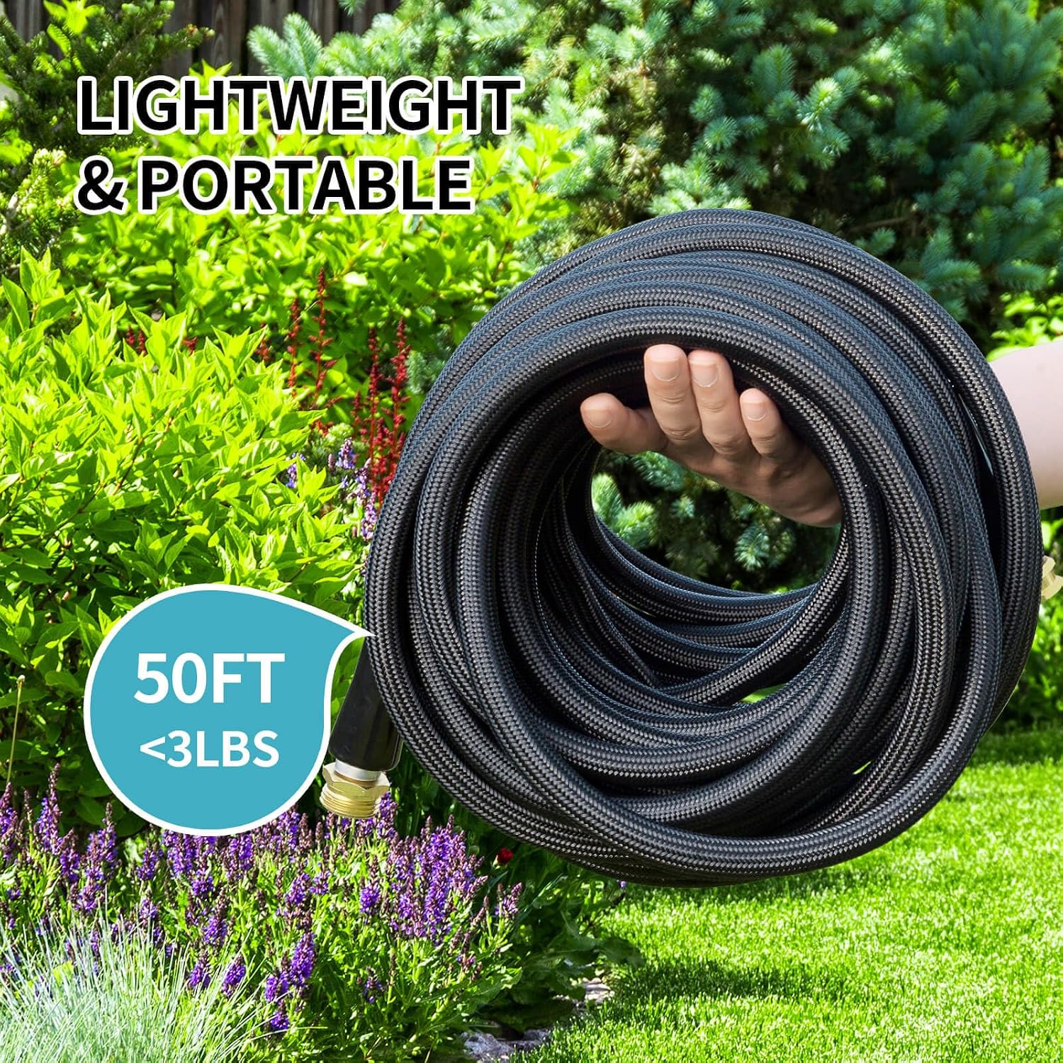 Garden Hose 50Ft, Flexible Lightweight Water Hose, Brass Fittings, Black | Double latex core, leak-proof, no kink