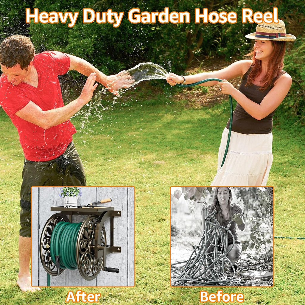 GOFORWILD Wall Mount Garden Hose Reel, Holds 200-Feet of 5/8-Inch Hose | Decorative Hose Reel, Heavy-Duty Water Hose