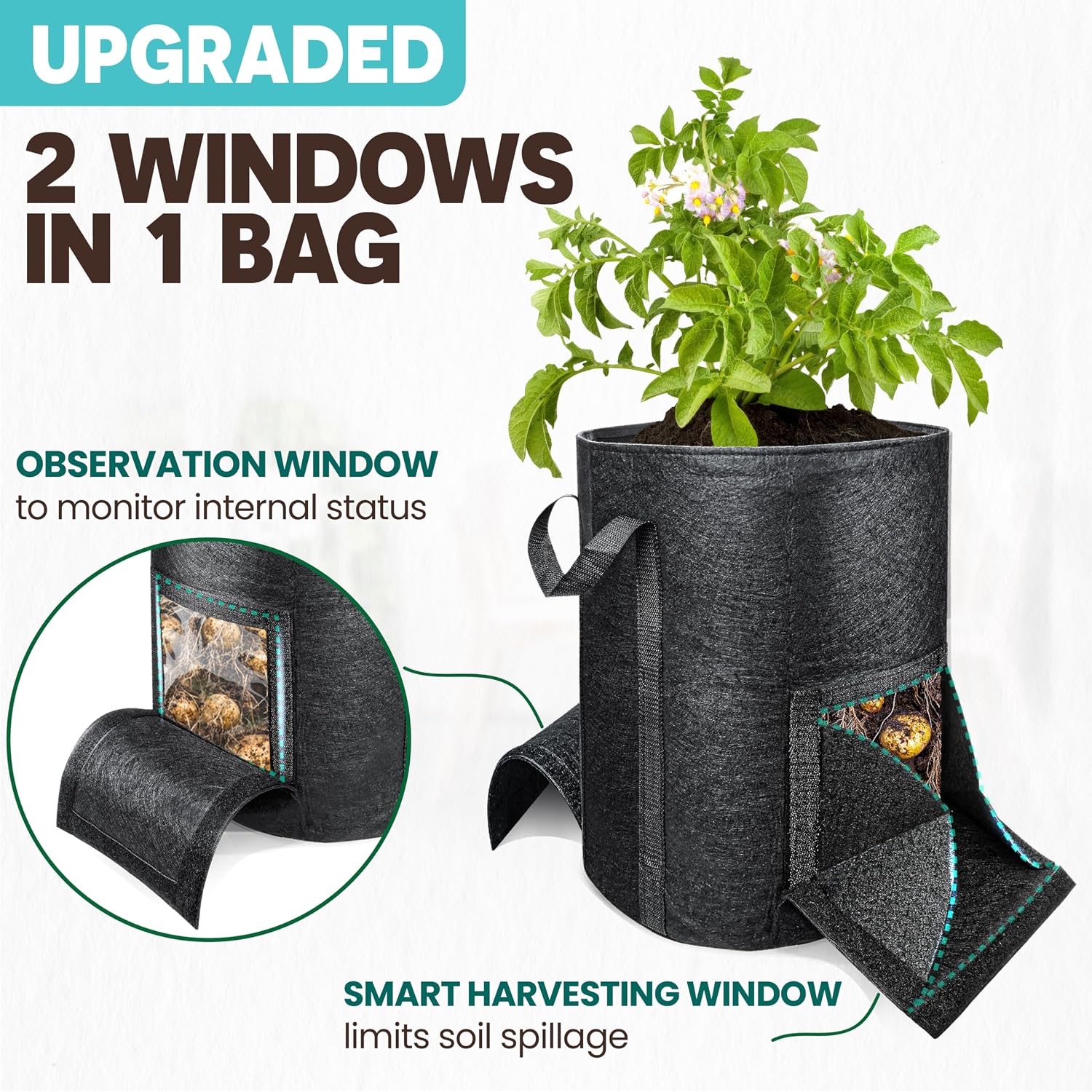 4PCS 20-Gallon Potato Grow Bag-Harvest & Visible Window Garden Planting Bag | Black Plant Grow Bag with Reinforced