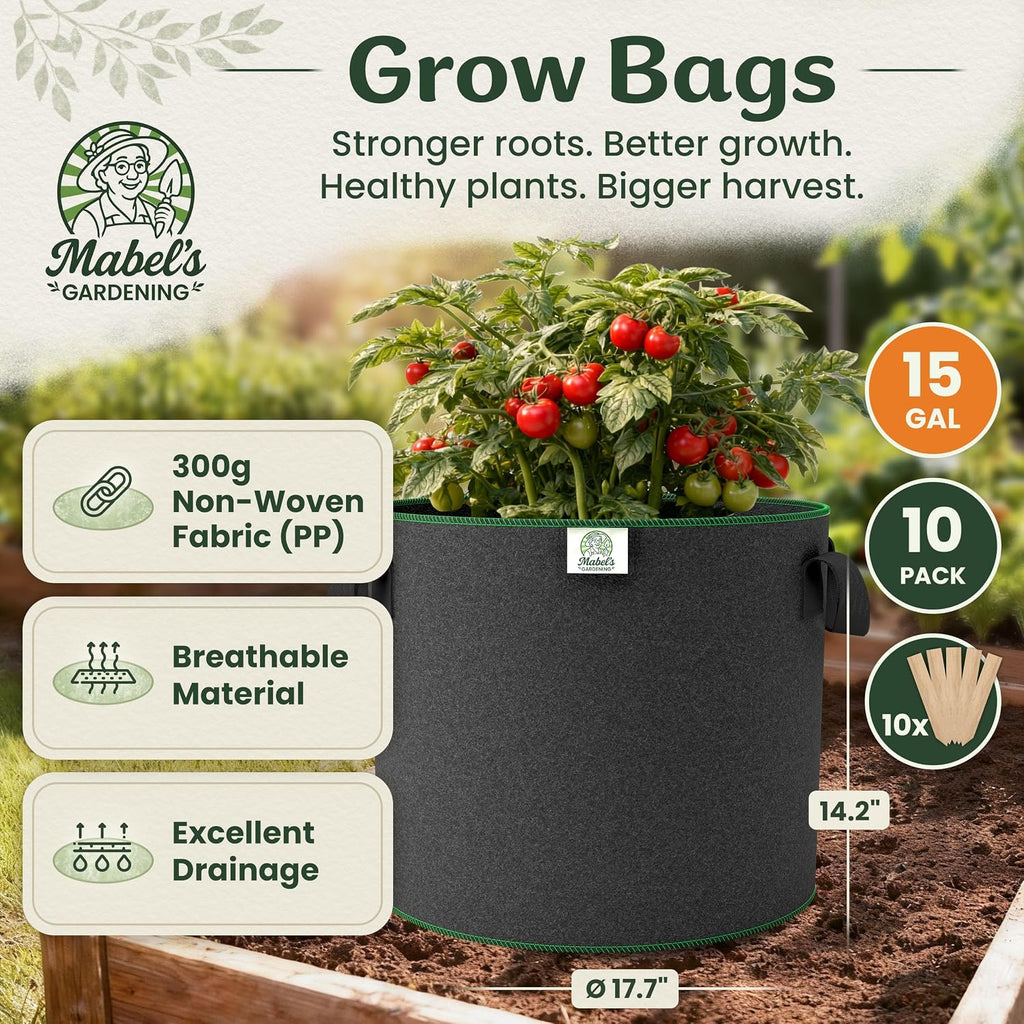 Mabel's Gardening 10-Pack 15 Gallon Grow Bags - Garden Planting Bags 17.7 x 14.2 INCH Made of 8.85 oz/yd² (300g/m²)