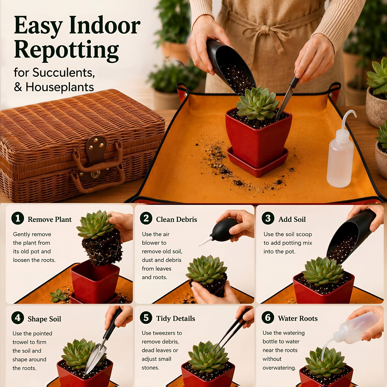 Repotting Mat and Planting Tools, Indoor Plants, Wicker Basket | All-in-one succulent repotting set, pruning shears
