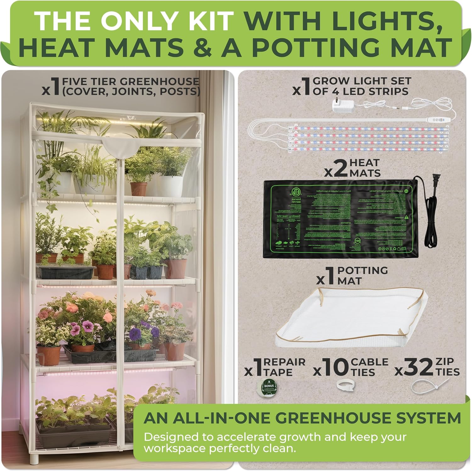 Indoor Greenhouse with Grow Light - 4 Tiers 27.2"L x 19.3"W x 54"H with 2 Heat Mats and 4 Dimmable 15W Full Spectrum