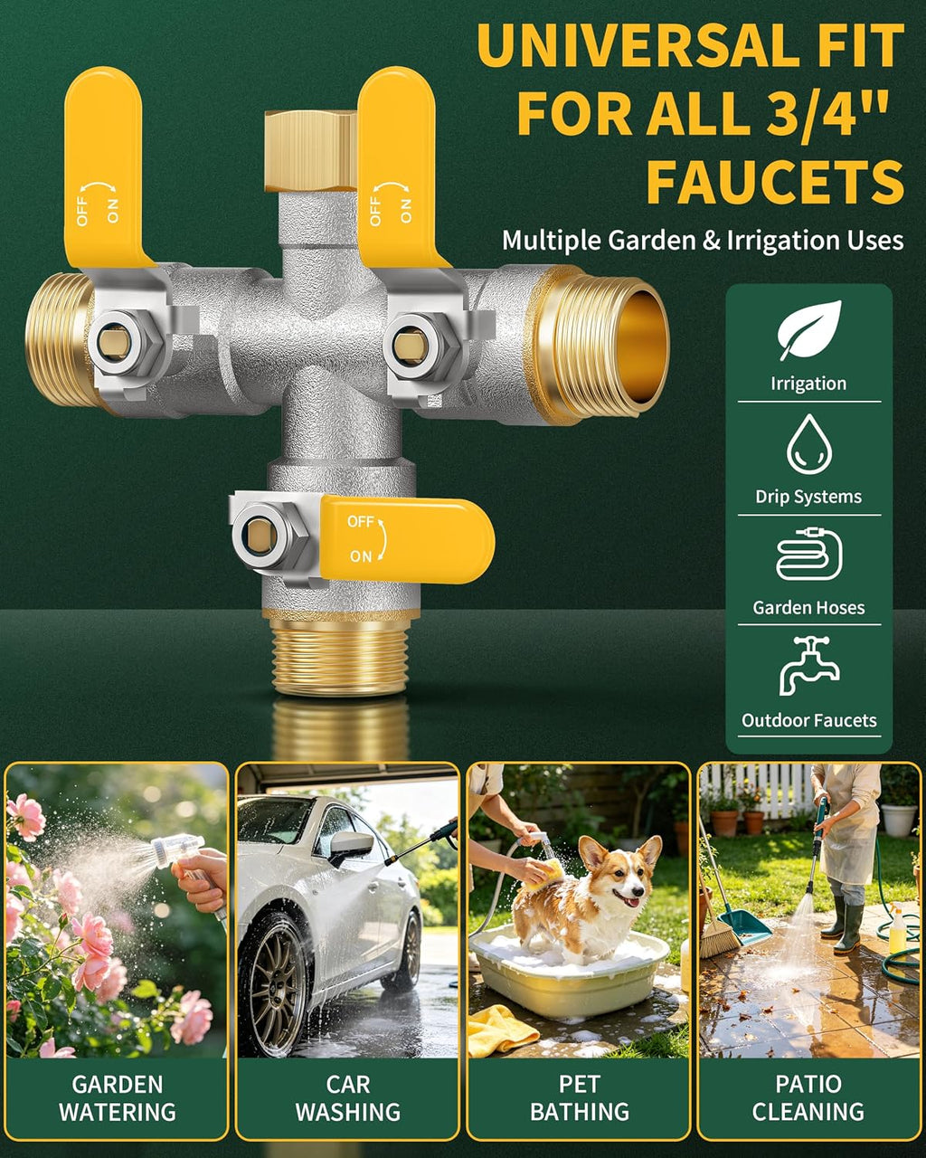 3 Way Hose Splitter, Heavy Duty Brass Garden Water Hose Splitter | Full Flow Design, Rust-Resistant Nickel-Plated