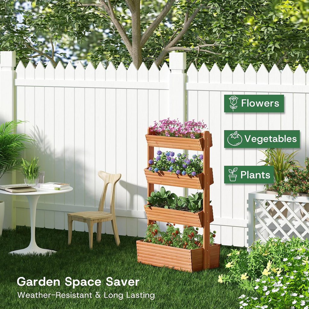 kiplant Adjustable Angle 4-Tiered Wooden Raised Garden Bed, Freestanding Vertical Planter Rack, Plant Box for Herbs