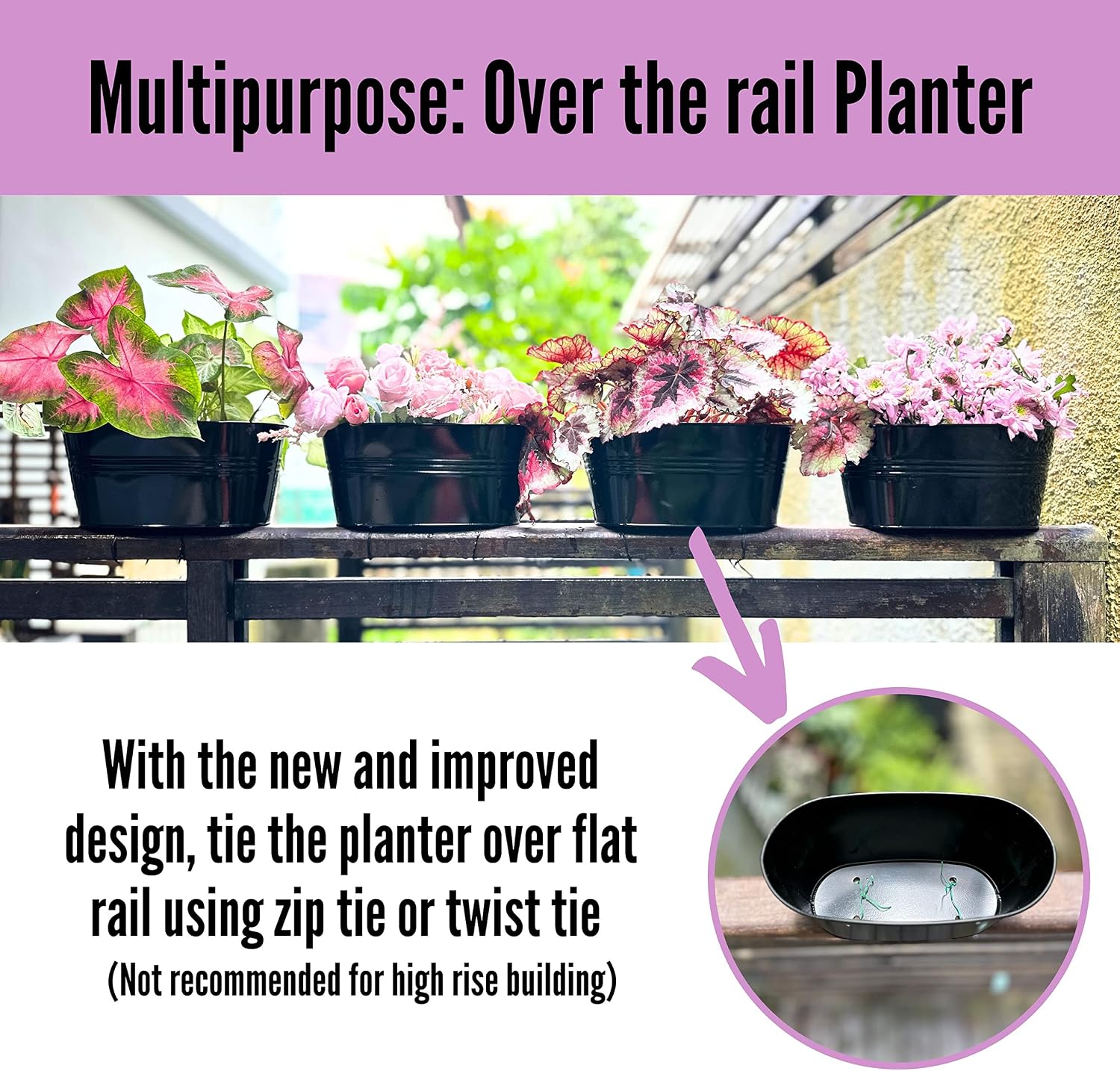 LaLaGreen Outdoor Rail Planter (11.8 Inch, 6 Pack) Black Metal Iron Hanging Flower Pots Deck Railings Fence Buckets