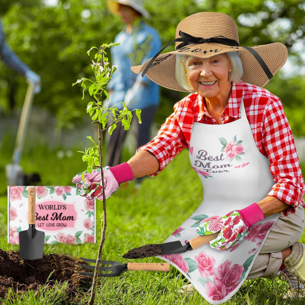 Mom Garden Tools Pink Hand Rake Transplanter Apron Trowel Straw Hat Planting Gloves Gardening Set with Box Outdoor