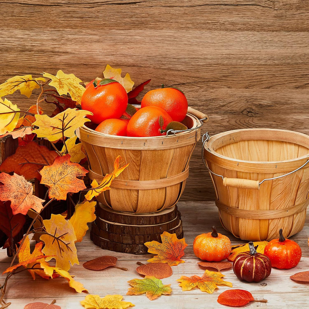 Tatuo 4 Pcs Round Wooden Apple Baskets Wood Fruit Buckets with Handle Fall Harvest Basket Portable Bushel for Market