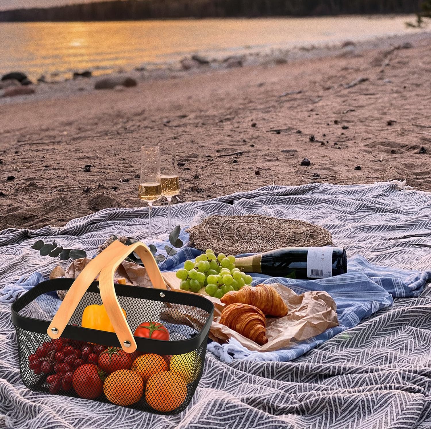Cheardia 2 Pack Picnic Baskets, Metal Mesh Harvest Basket with Foldable Wooden Handle, Rectangle Garden Storage Basket