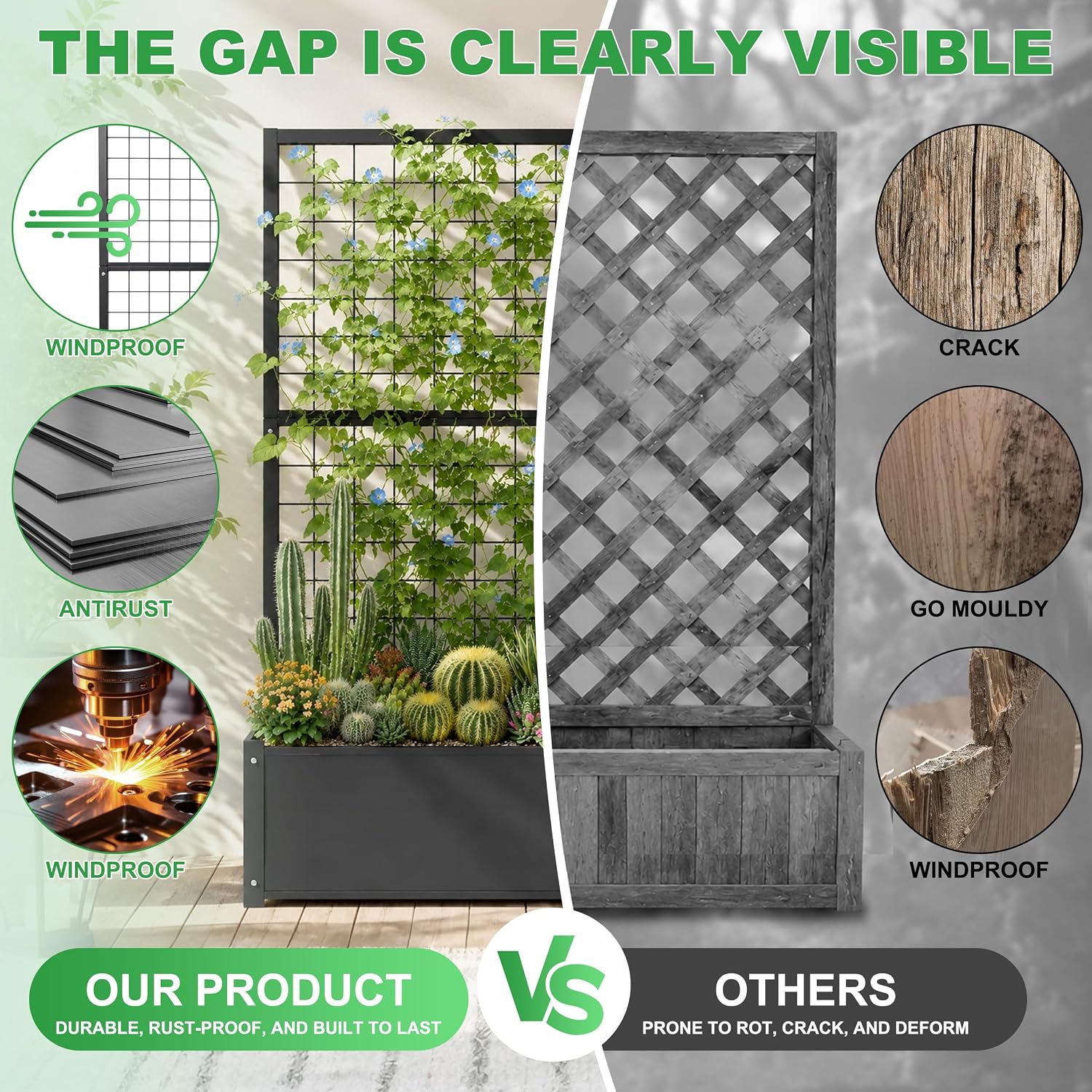 Garden Bed with Trellis Outdoor, Metal, 59in Tall | Metal Frame, 59in Tall Trellis for Climbing Plants, 12in Deep