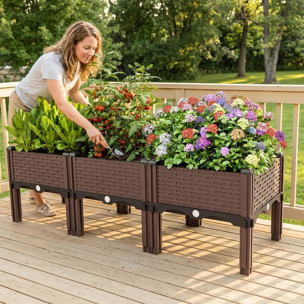 Modular Raised Garden Bed Kit – DIY Stackable Plant Stand with Self-Watering, 47.24"x15.75"x14.17" Brown Plastic
