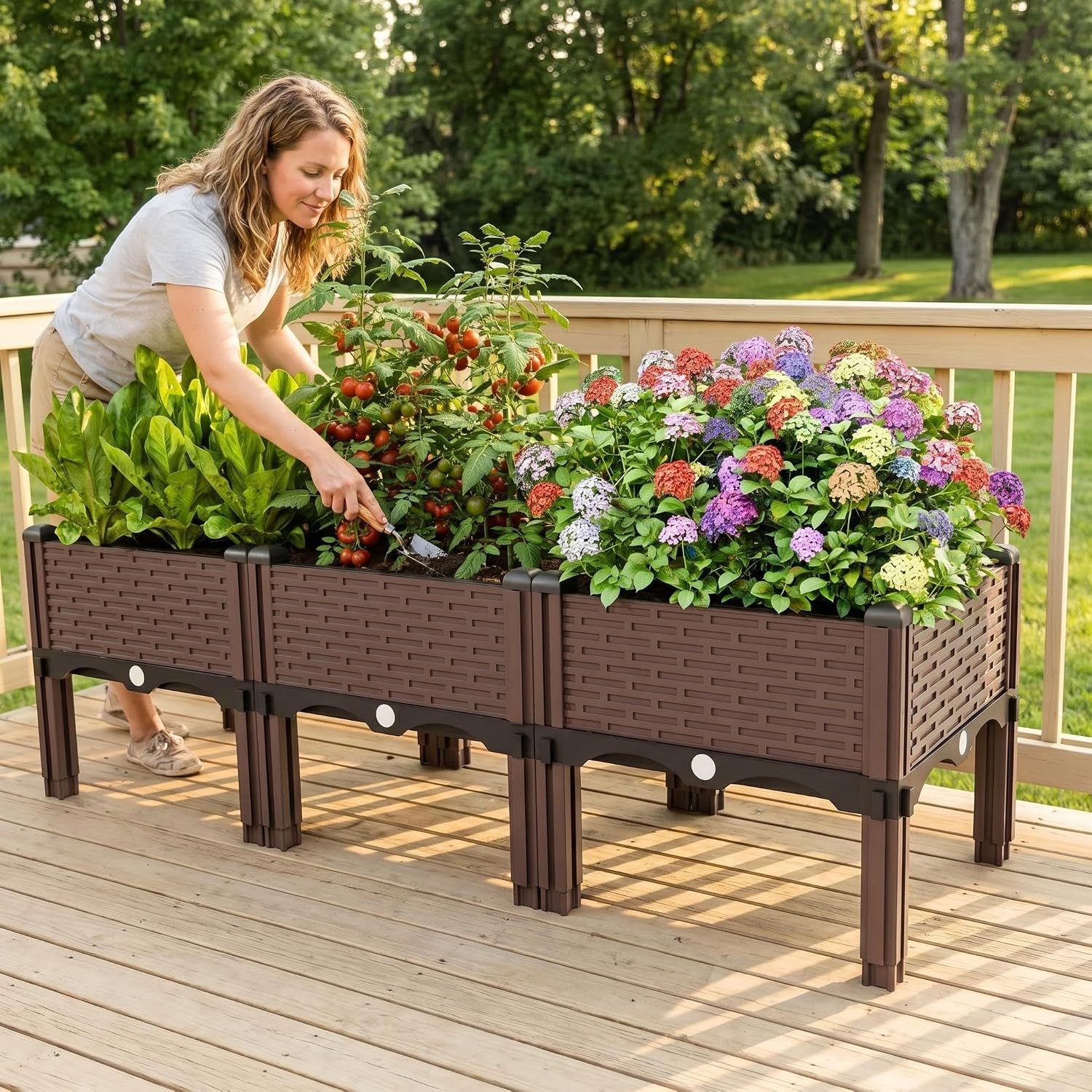 Modular Raised Garden Bed Kit – DIY Stackable Plant Stand with Self-Watering, 47.24"x15.75"x14.17" Brown Plastic