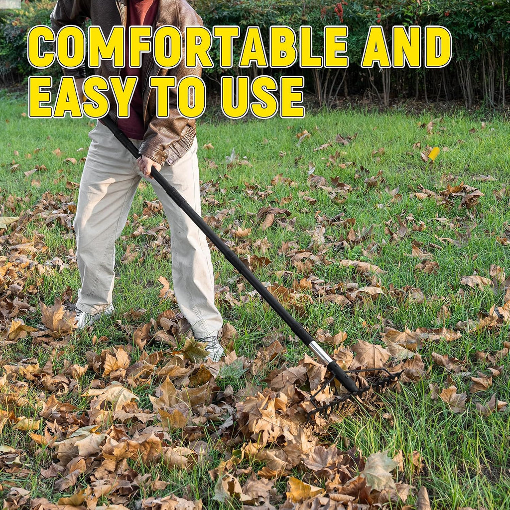 Bow Rake, 68-Inch Adjustable Handle Garden Rake with 17 Steel Tines, Heavy Duty Dual-Sided Metal Rake Landscape