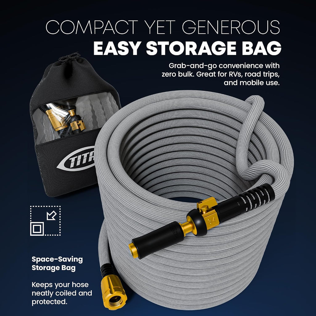 TITAN Flexible Garden Hose 100FT – Ultra Lightweight, Heavy Duty Water Hose with Brass Fittings & Jet Nozzle –