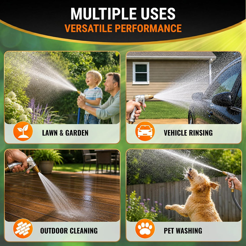 Garden Hose Nozzle Sprayer, 100% Metal High Pressure Water, 4 Spray Patterns, Leak-Proof Design, Trigger Lock for