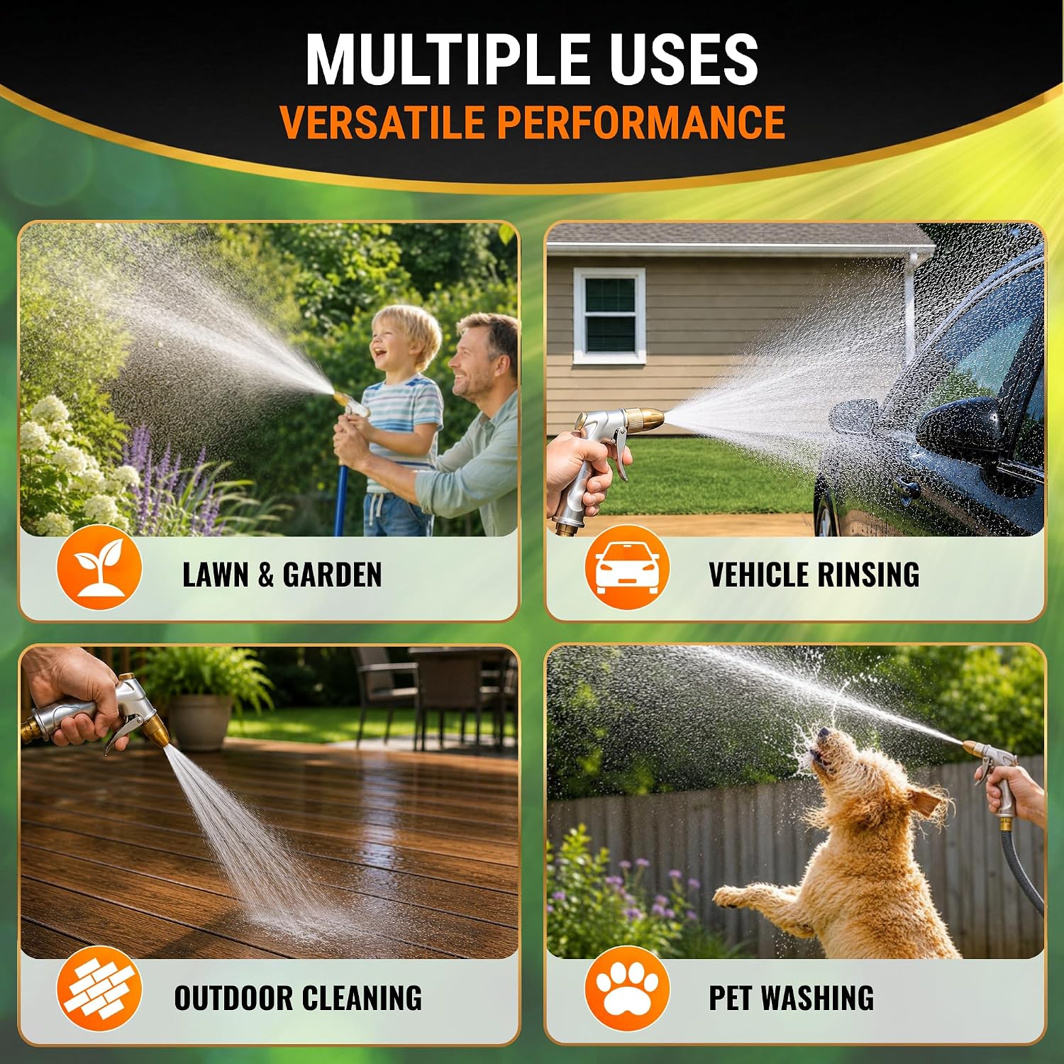 Garden Hose Nozzle Sprayer, 100% Metal High Pressure Water, 4 Spray Patterns, Leak-Proof Design, Trigger Lock for