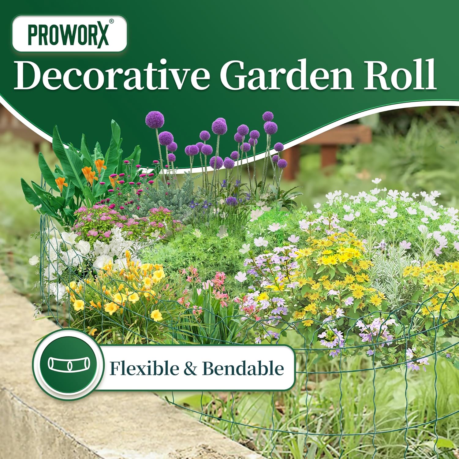 PROWORX Green Small Garden Fence Border Curve Wire Fencing 14”x40’(2 Rolls) | 2 Pack Metal Folding Decorative Flower