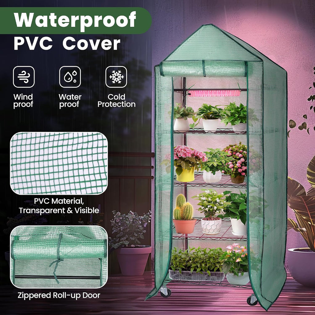 DazSpirit 4-Tier Mini Indoor Greenhouse with Grow Light, 70 x 23 x 19 in | Portable Plant Stand with PVC Cover