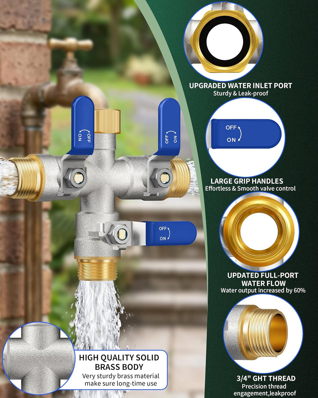 3 Way Hose Splitter, Heavy Duty Brass Garden Water Hose Splitter | Full Flow Design, Rust-Resistant Nickel-Plated