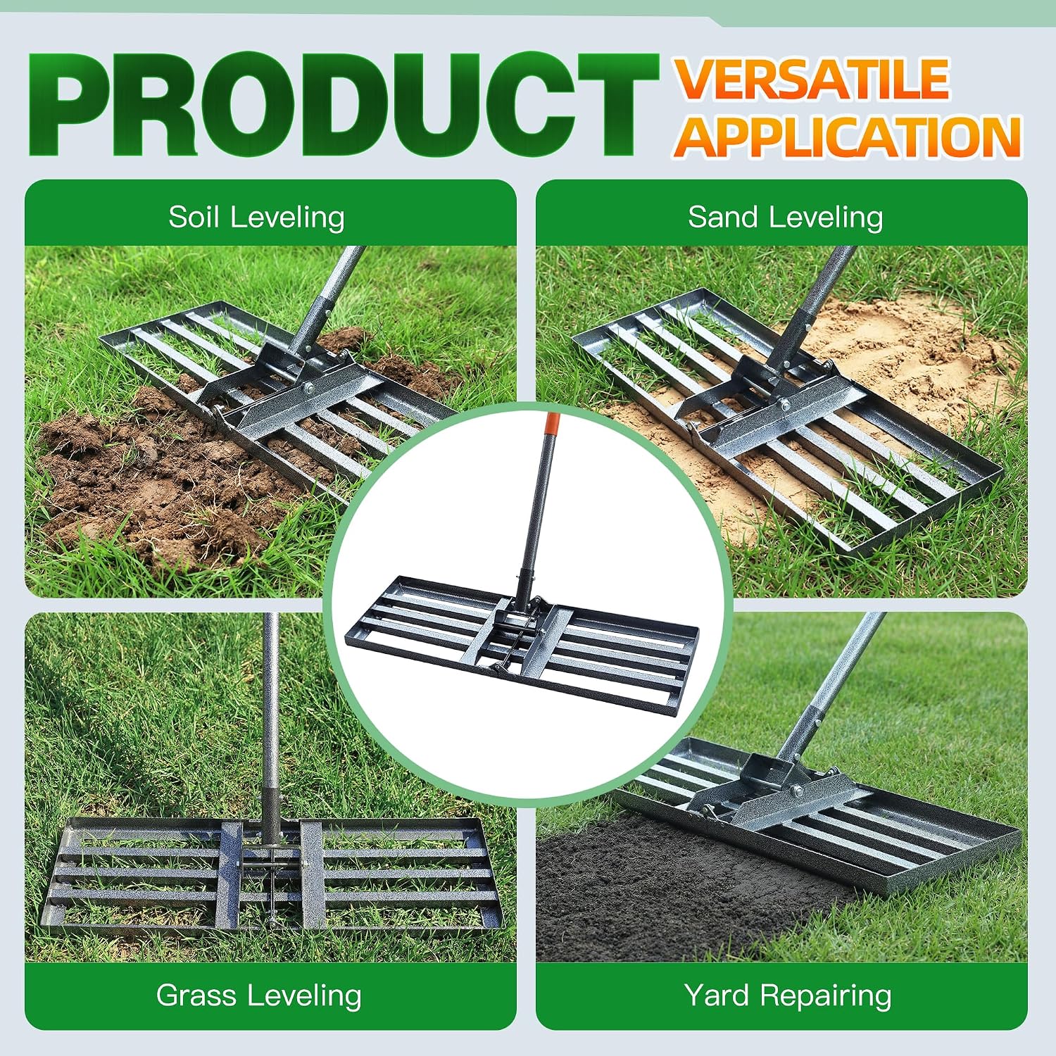 Lawn Leveling Rake 30x10 Inch, 6FT Heavy-Duty Carbon Steel Lawn Leveler – Yard Leveling Rake for Soil, Sand, Grass
