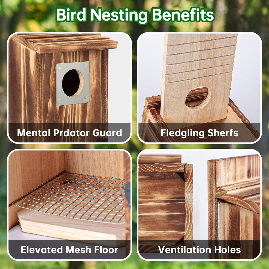 2 Pack Bird Houses for Outside with Metal Predator Guard for Bluebird Wren Swallow Finch, Carbonized Wooden Nesting