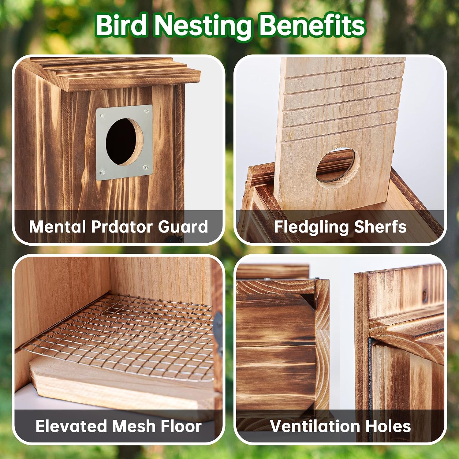 2 Pack Bird Houses for Outside with Metal Predator Guard for Bluebird Wren Swallow Finch, Carbonized Wooden Nesting