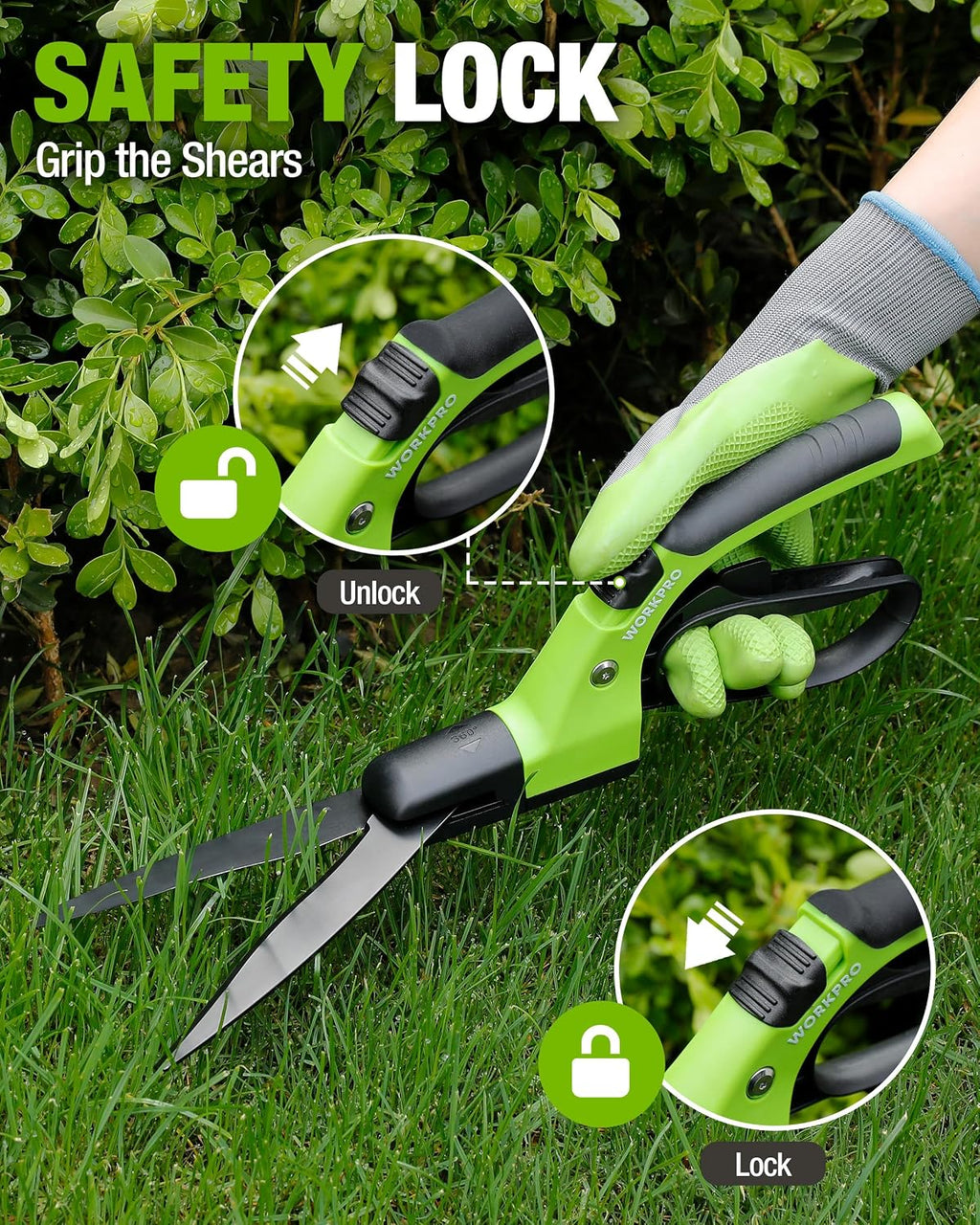 WORKPRO Grass Shears Handheld, Grass Clippers with 360 Degree Swivel Blades | 15-Inch Manual Grass Cutter, Ultra-Sharp