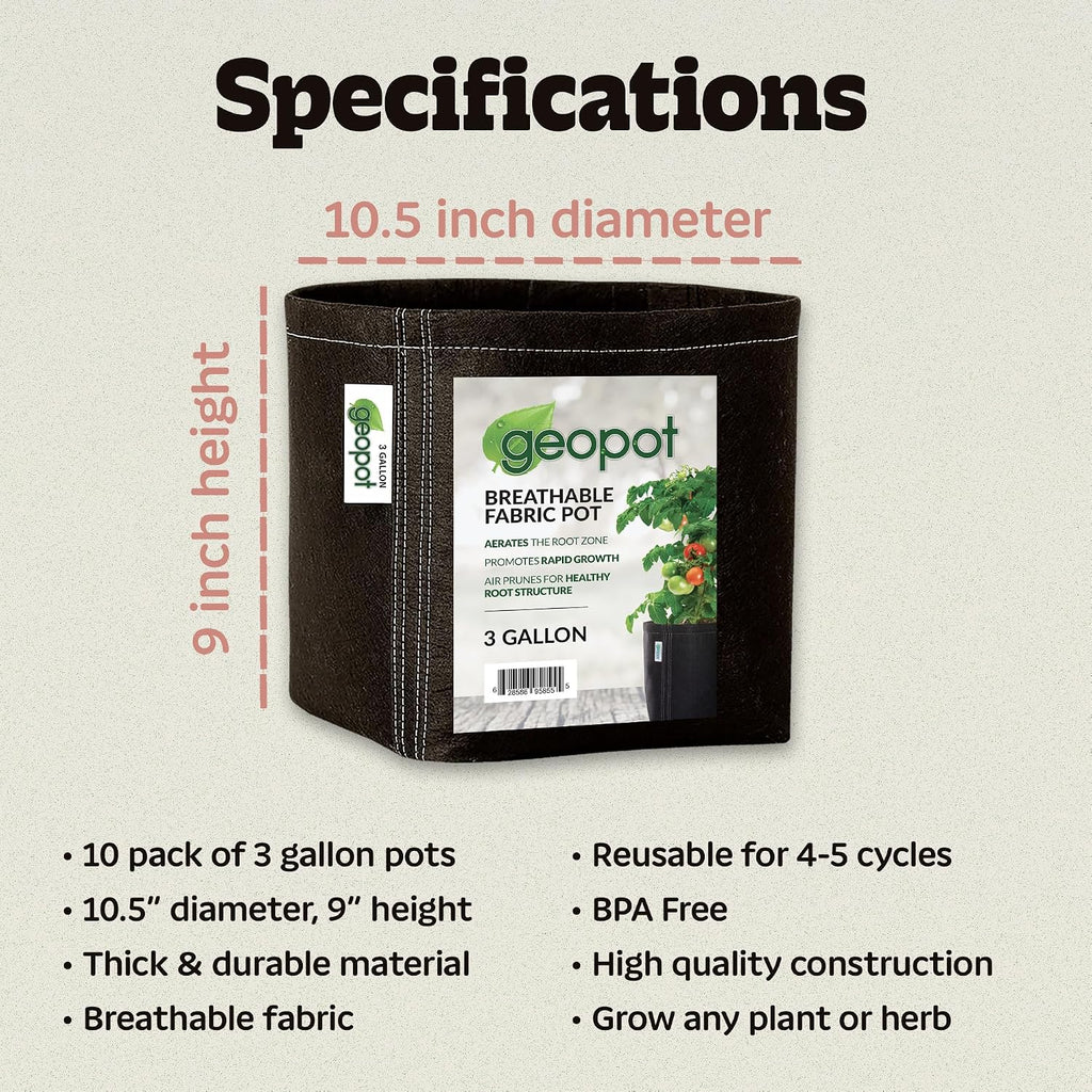 3 Gallon Fabric Grow Bags - 10 Pack - Black - Indoor/Outdoor - Aerated Fabric Pots for Vegetables, Herbs, Flowers &