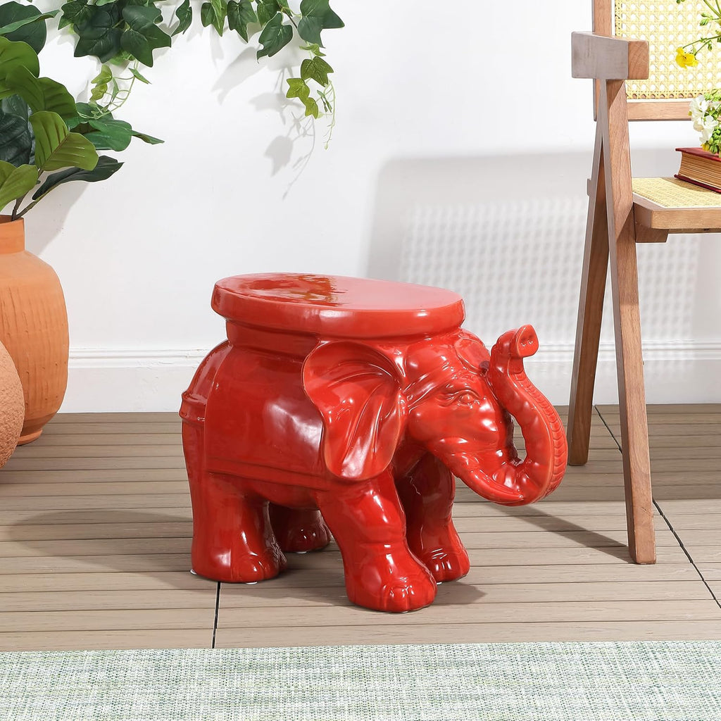 JONATHAN Y White Elephant Ceramic Garden Stool 14.25", Red | Weather Resistant Indoor Outdoor Patio Side Table, Plant