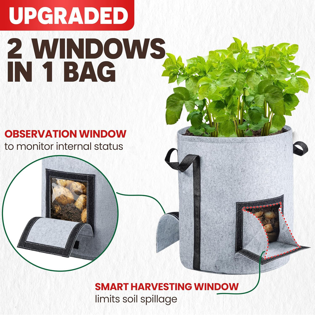4PCS 15-Gallon Potato Grow Bag-Harvest & Visible Window Garden Planting Bag | Grey Plant Grow Bag with Reinforced