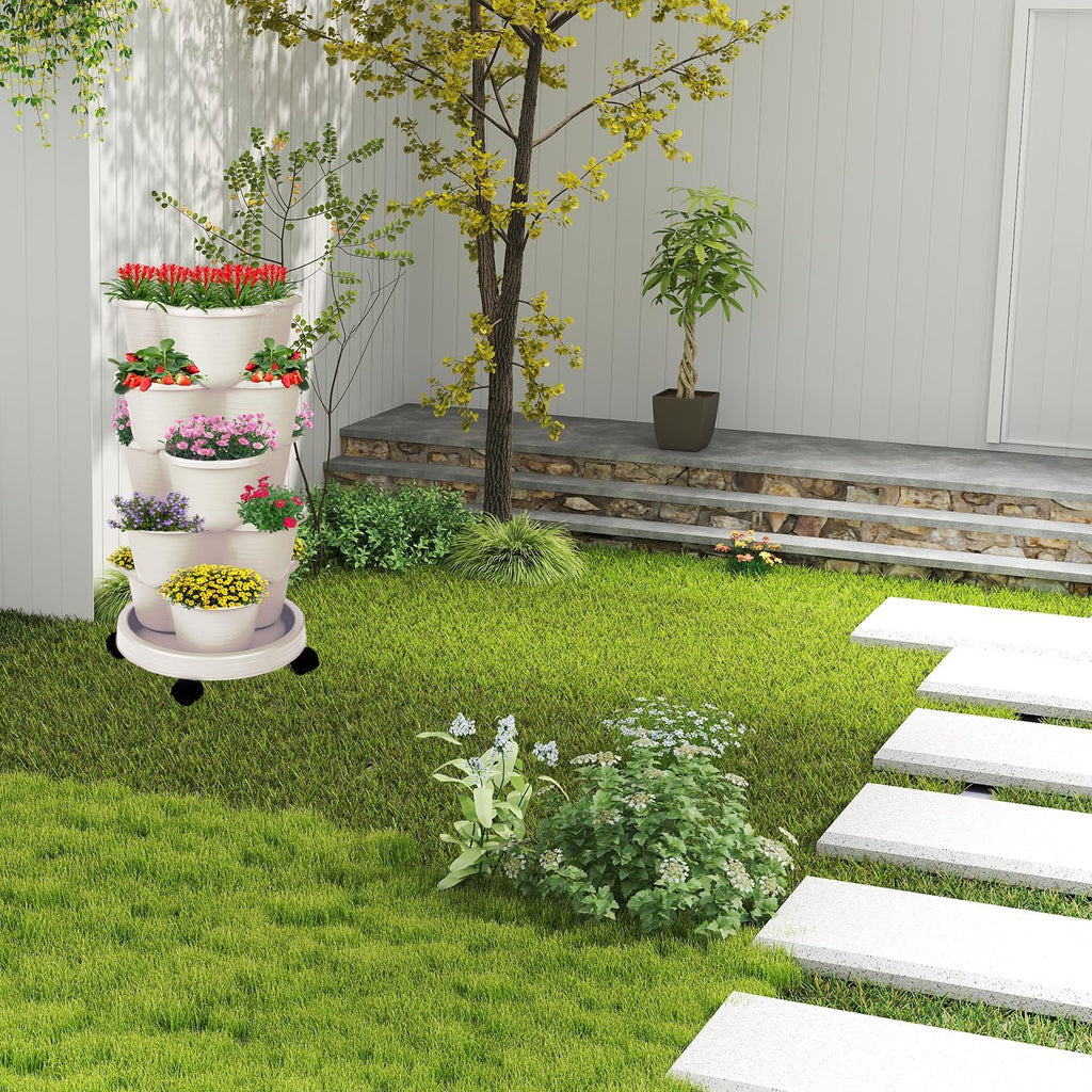 5-Tier Vertical Garden Tower Stackable Planter for Strawberries, Flowers, Vegetables & Herbs Beige