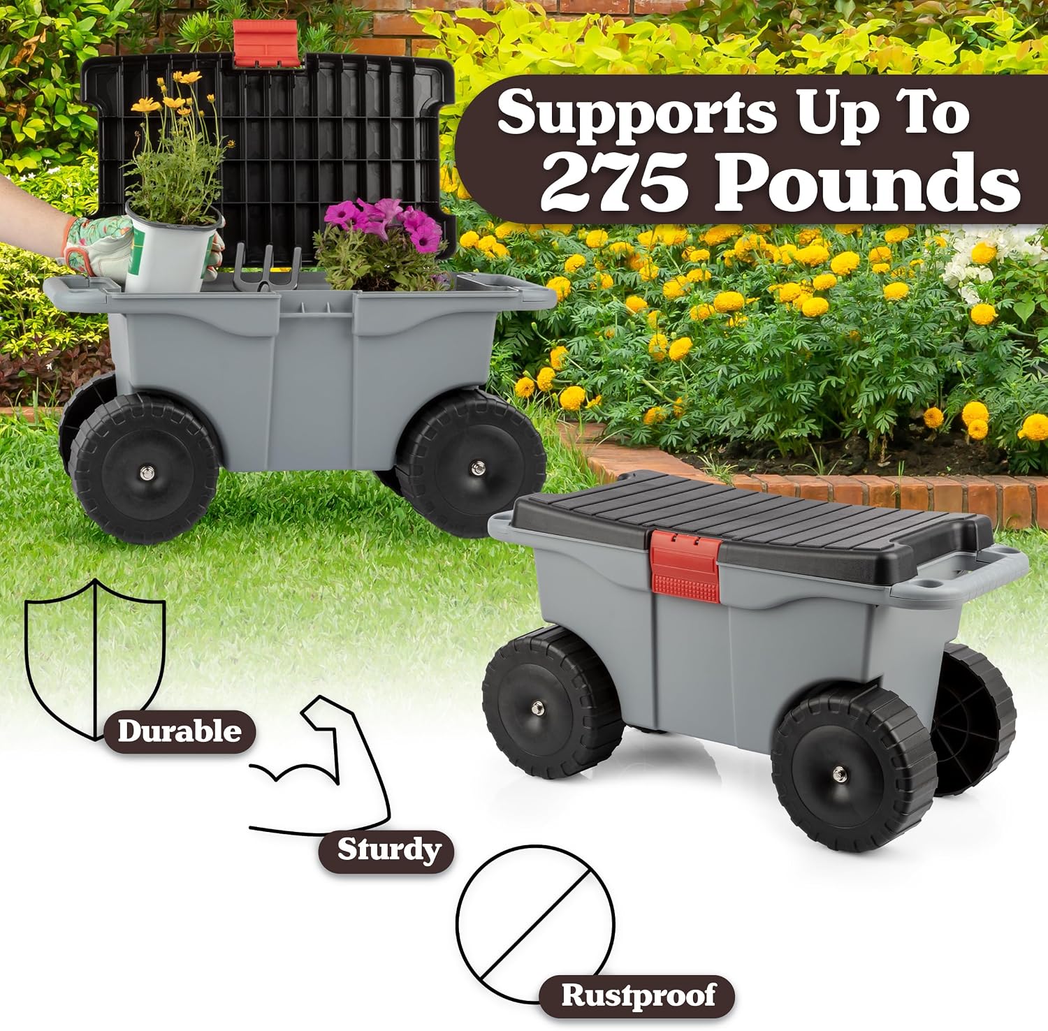 Pure Garden Rolling Garden Cart with Seat, Gray | Plastic Gardening Stool Bench with Interior Garden Tool Storage Tray