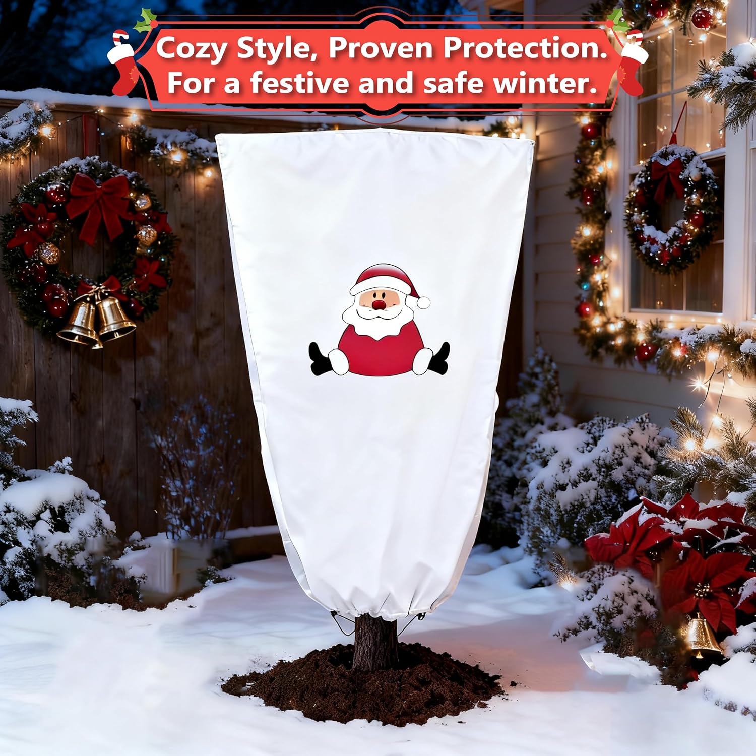 71"h x 47"w Plant Covers Freeze Protection - Reusable Tree wrap for Outdoor Plants,Cloths with Santa Claus Print