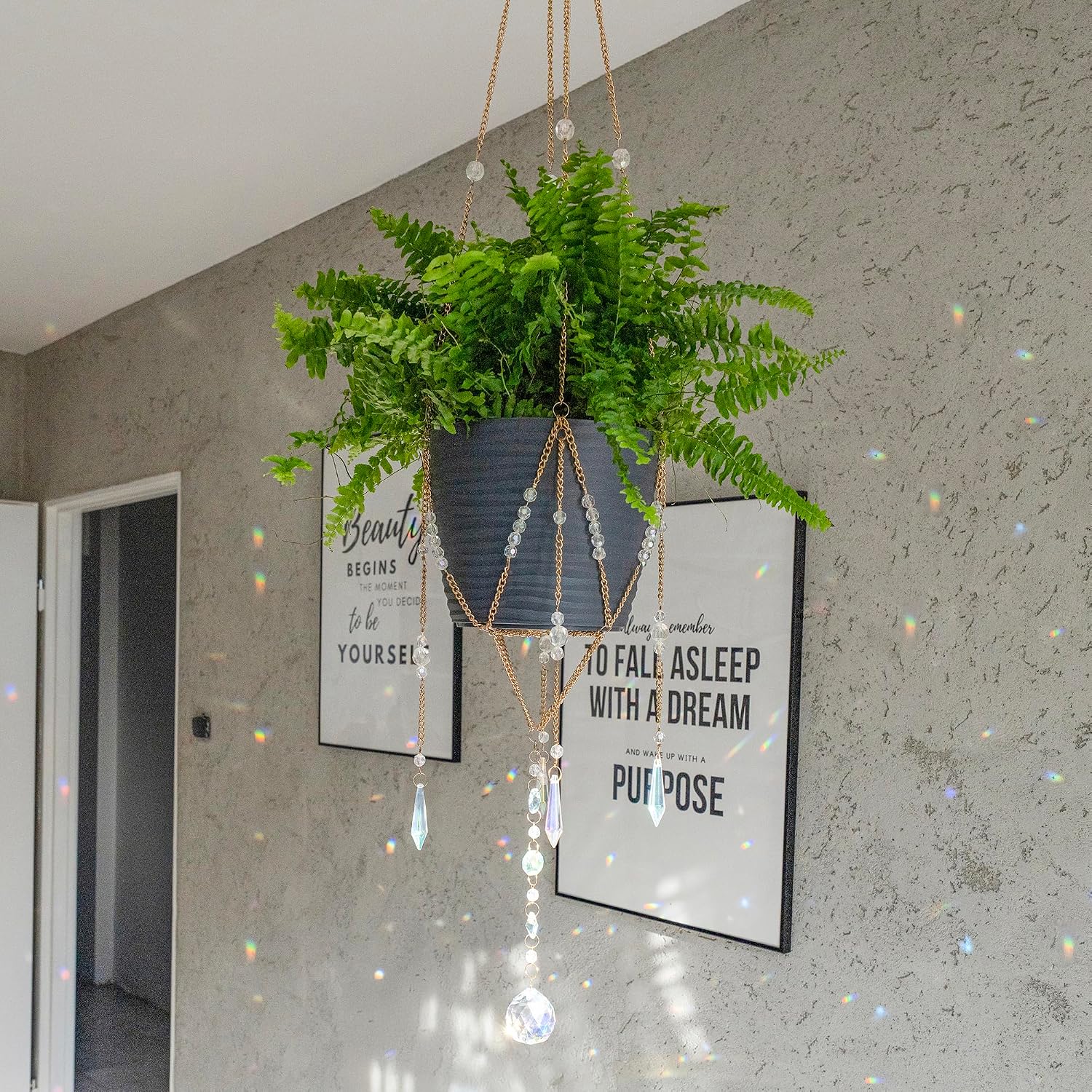 Sun Catcher Plant Hanger with Beads and Glass Crystal Ball Suncatcher. | Large Beaded Plant Hanger. Plant Accessories