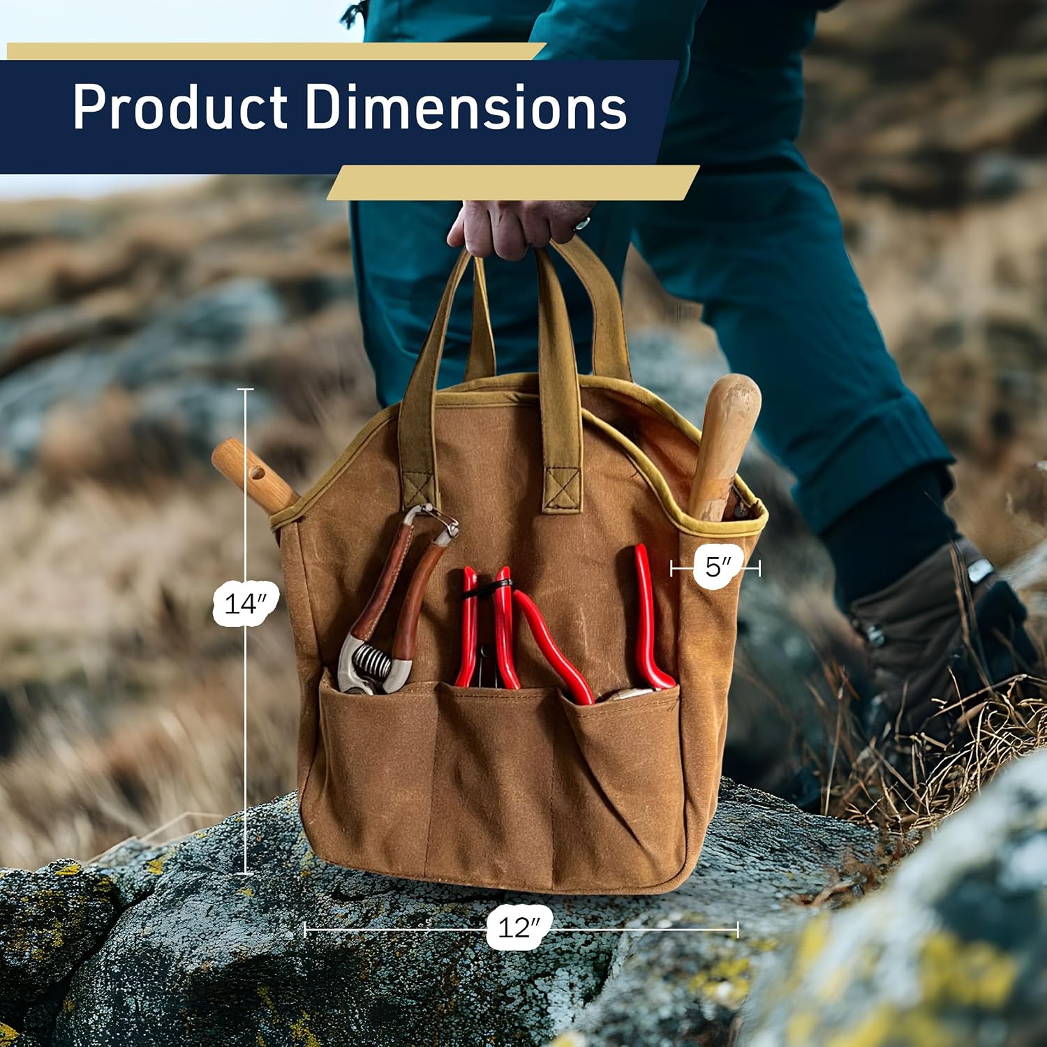 Garden Tool Bag - 12x14” Heavy Duty Waxed Canvas Tote Bag Caddy with 6 Interior and 3 Exterior Pockets for Organizing