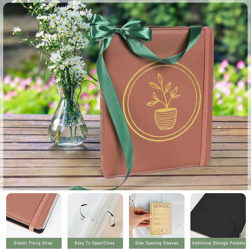 Seed Storage Organizer Binder – Holds 100 Seed Packets, Seed Packet Organizer Book w/Side Loading Sleeves, 4 Kraft