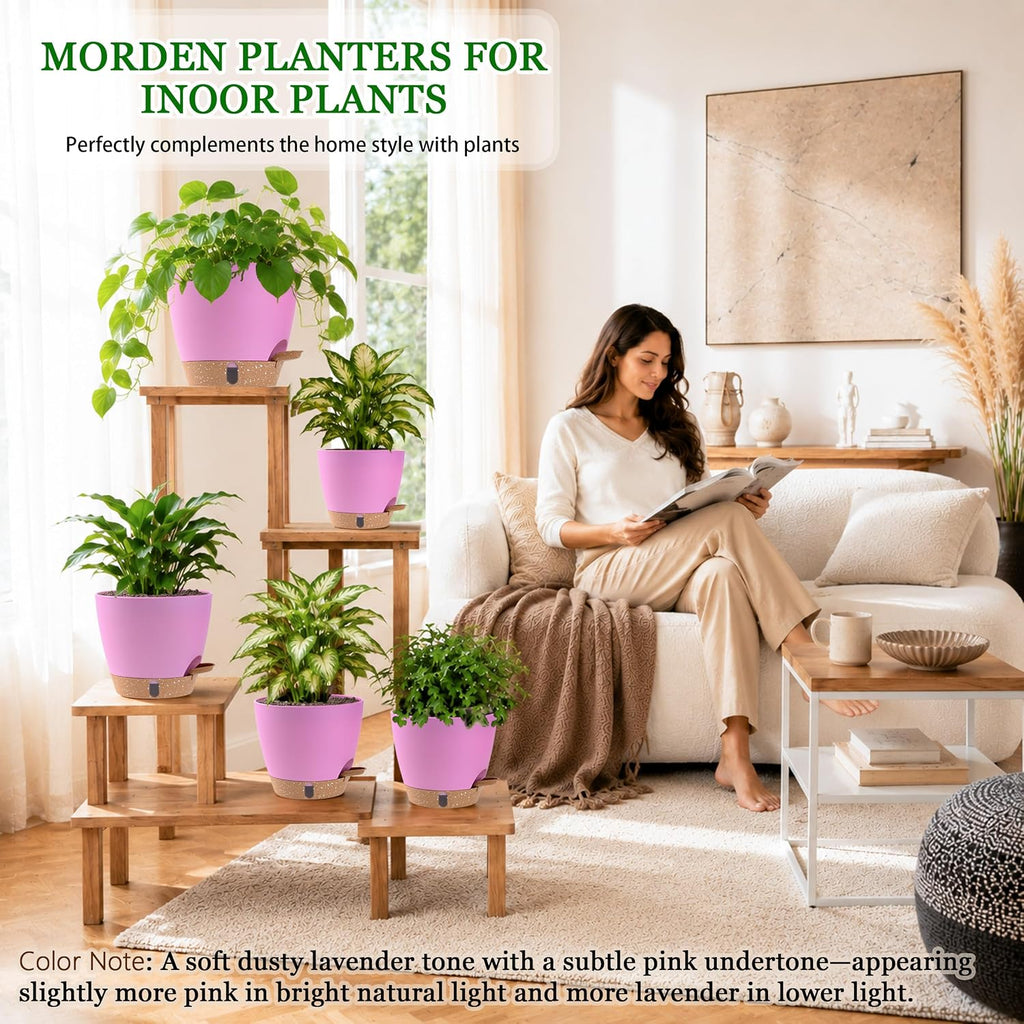 Self Watering Pots for Inoor Ourdoor Plants 8/7/6.5/6/5 Inch, 5 Pack | Plastic Planters with Drainage Holes & Water