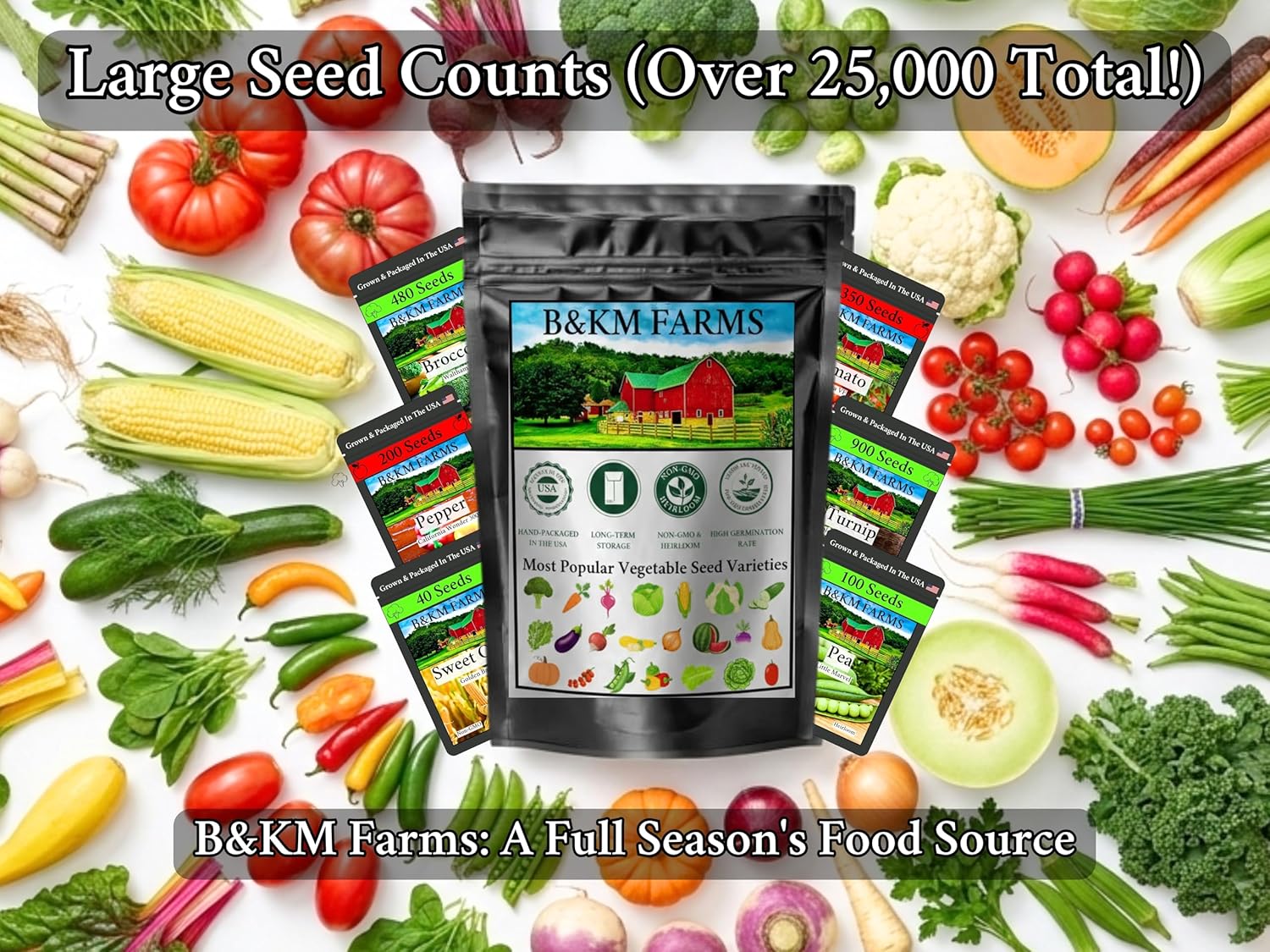 B&KM Farms 46,000+ Non-GMO Heirloom Seed Kit-40 Fruit & Vegetable Variety