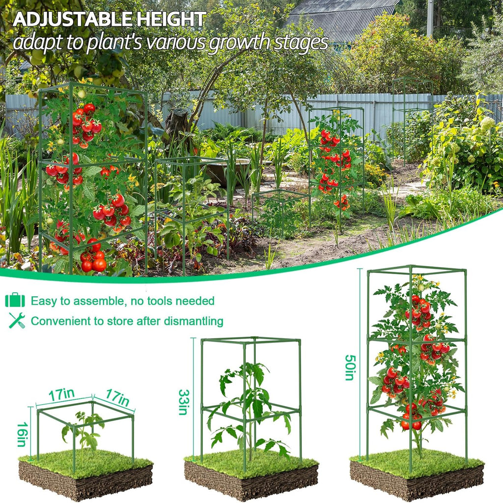 WLLEYAY 3 Pack Square Tomato Cages, 50in Plant Stakes Support Cages Trellis | Heavy Duty Steel Plant Tower Stakes