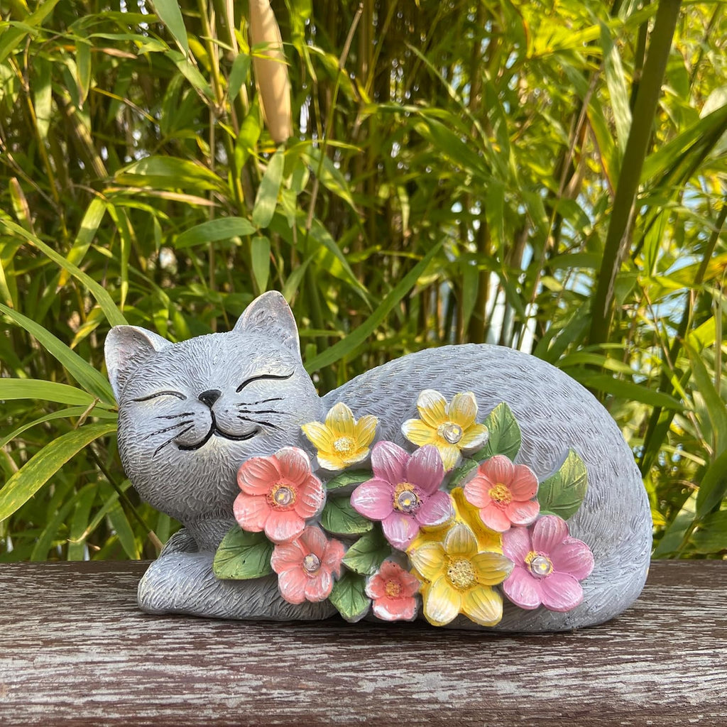 Solar Cat Garden Statue, Resin Solar Cat Lights for Outside | Outdoor Cat Statues with Flower for Lawn Porch Yard Art