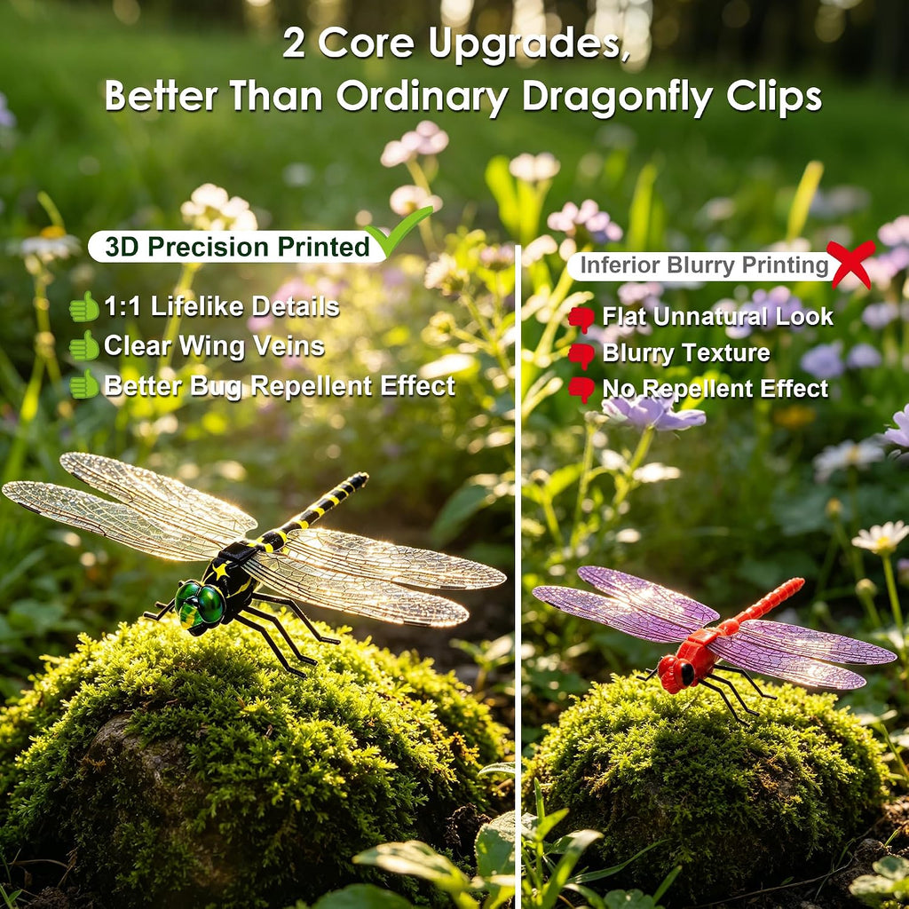 24 Pack 3D Dragonfly Clips, Fake Dragonflies with Stakes, Realistic Plastic Dragonfly Garden Decorations, Fly Deterrent