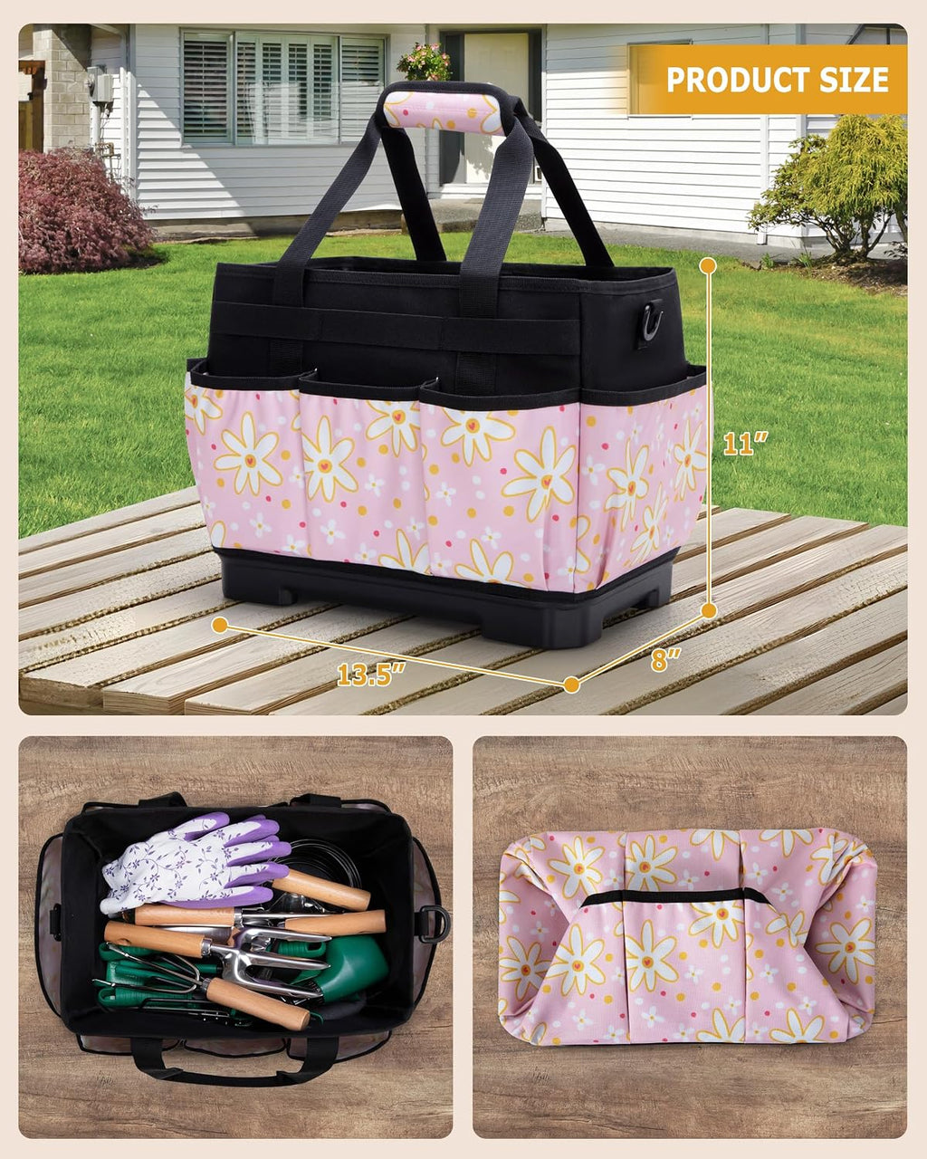 Marscamd Garden Tool Bag with Hard Bottom, Garden Tote with Shoulder Strap | Multiple Pockets, No Accessories Included