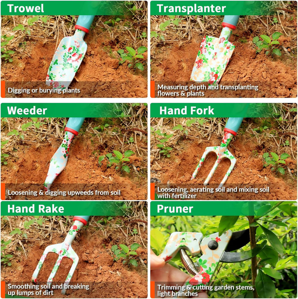 Garden Tools Set, JUMPHIGH 10 PCS Heavy Duty Gardening Tools Includes Hand Trowel Rake Weeder Pruner, Gardening Gifts