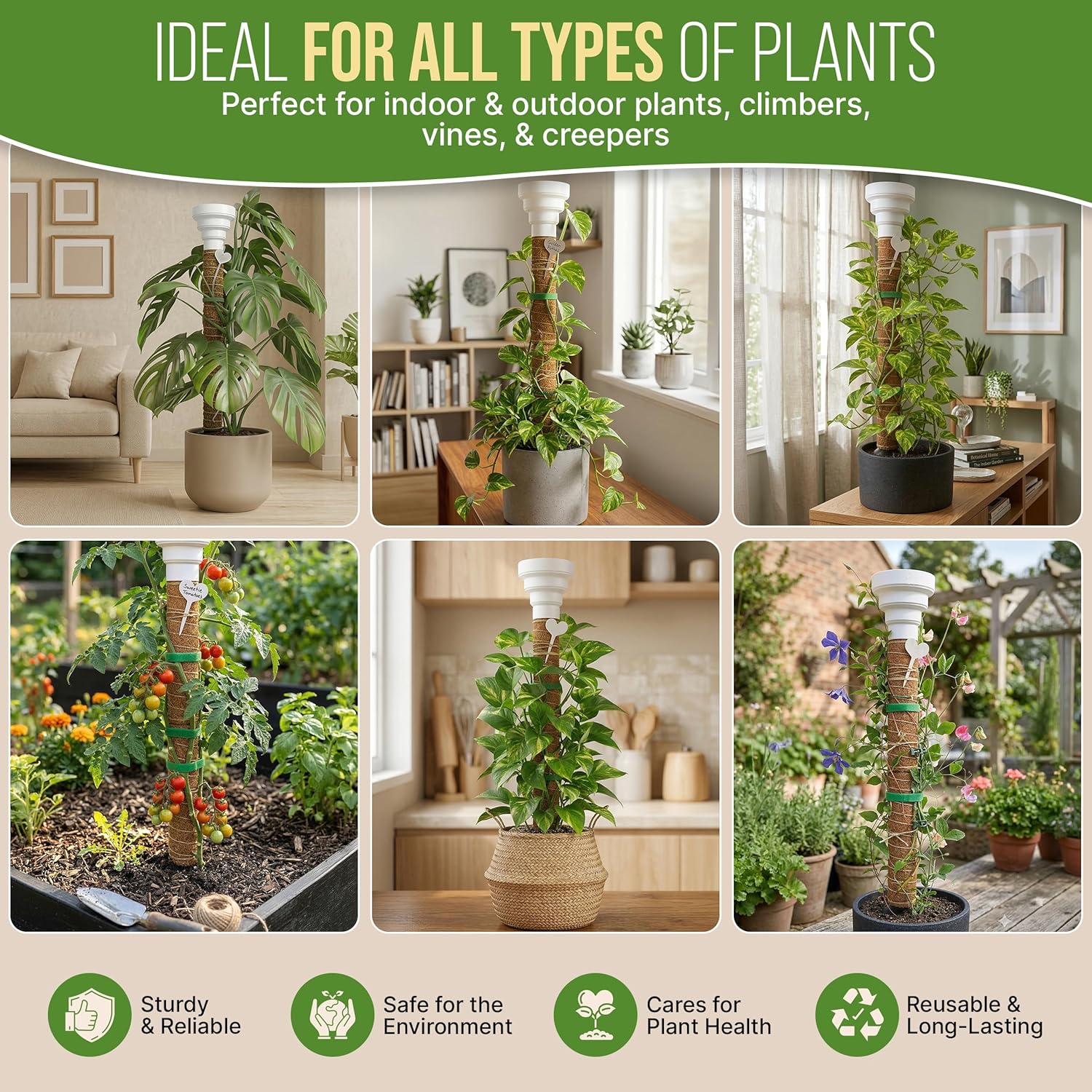 Moss Pole Monstera Plant Support Stakes - 2x26.4 or 48.7" Unique Self-Watering, Extendable Coco Coir Pole for Climbing